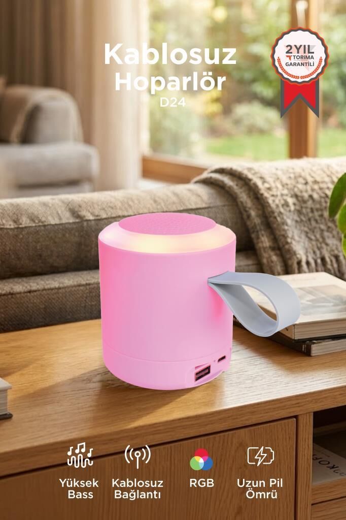 Bluetooth Hoparlör SD USB Destekli Taşınabilir Speaker D24 Pembe