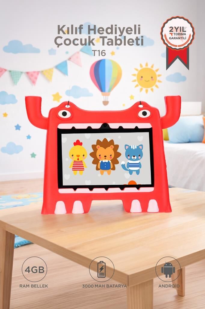 Tablet 4GB 128GB Android 13 Kılıf Hediyeli Çocuk Tableti T16 Kırmızı