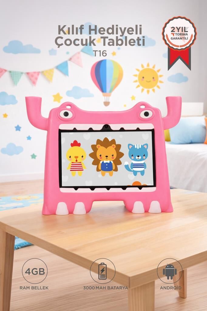 Tablet 4GB 128GB Android 13 Kılıf Hediyeli Çocuk Tableti T16 Pembe