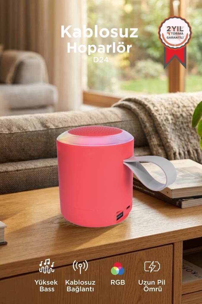 Bluetooth Hoparlör SD USB Destekli Taşınabilir Speaker D24 Kırmızı