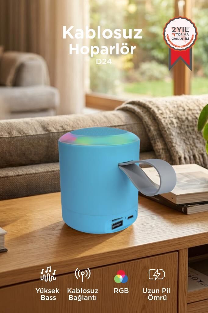Bluetooth Hoparlör SD USB Destekli Taşınabilir Speaker D24 Mavi