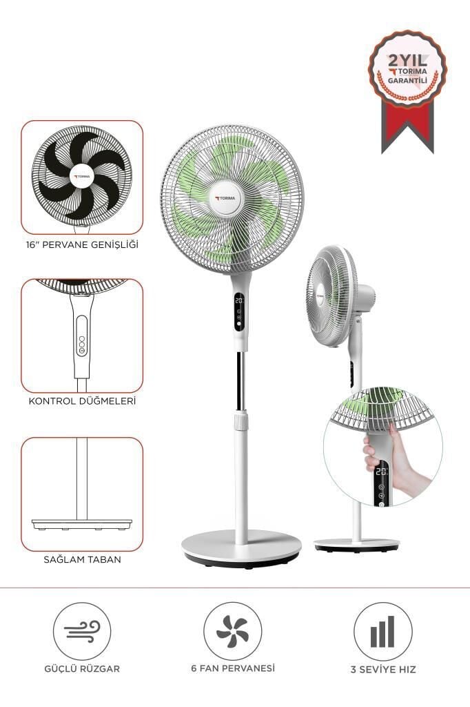Vantilatör 6 Pervaneli 3 Kademeli Kumandalı Dijital Ekranlı Ayaklı 16 Inc 50W Fan SF05 Beyaz