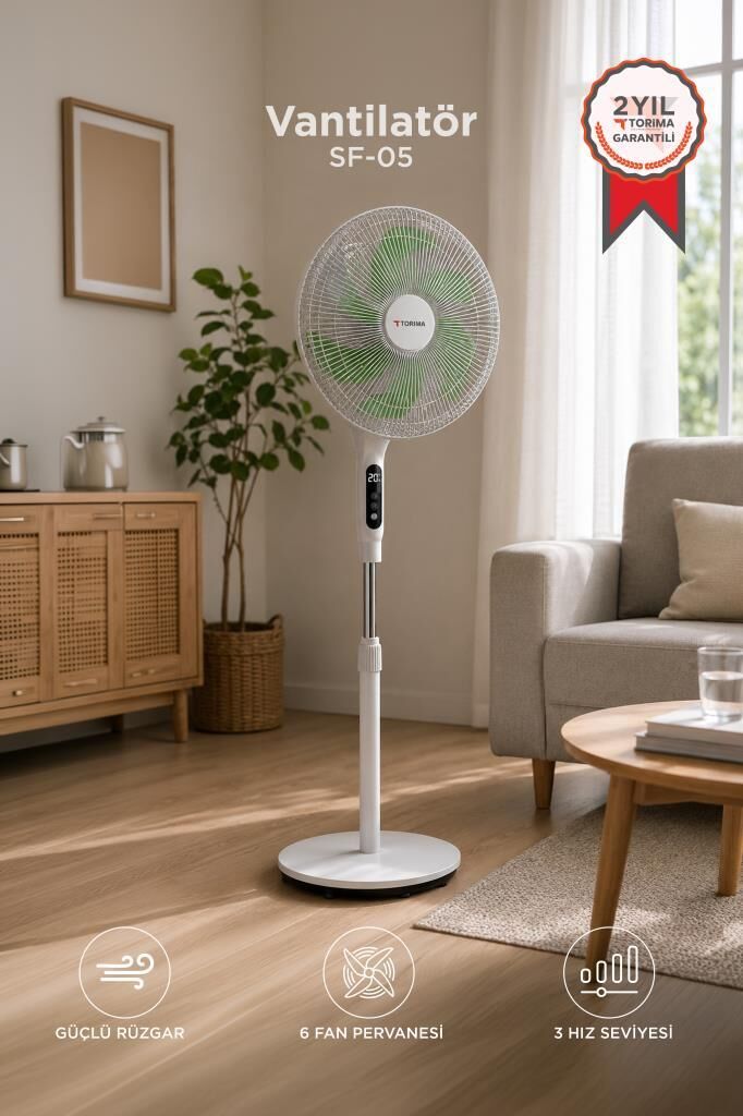 Vantilatör 6 Pervaneli 3 Kademeli Kumandalı Dijital Ekranlı Ayaklı 16 Inc 50W Fan SF05 Beyaz
