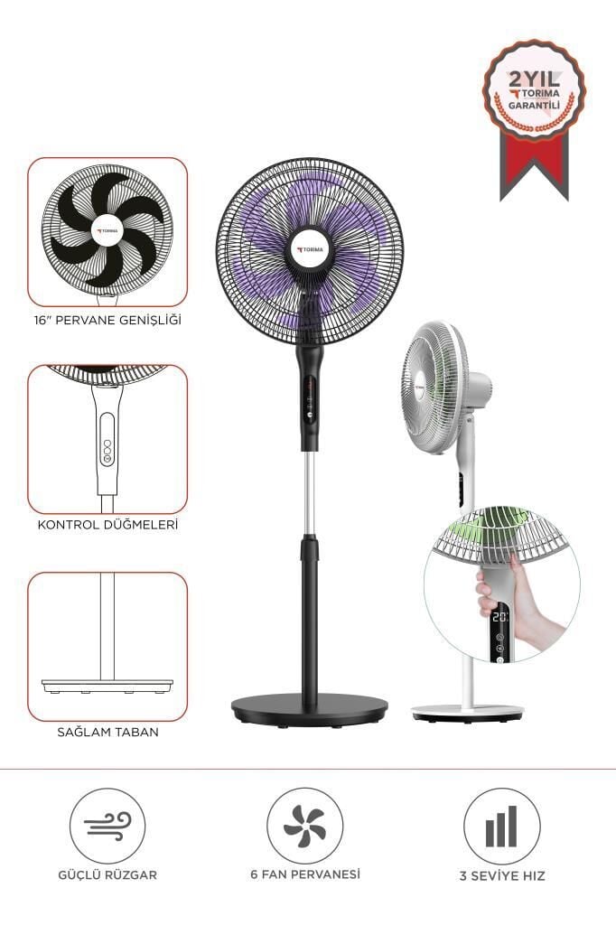 Vantilatör 6 Pervaneli 3 Kademeli Kumandalı Dijital Ekranlı Ayaklı 16 Inc 50W Fan SF05 Siyah