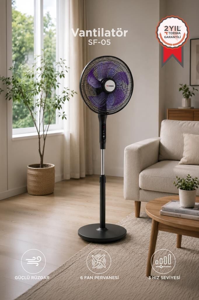 Vantilatör 6 Pervaneli 3 Kademeli Kumandalı Dijital Ekranlı Ayaklı 16 Inc 50W Fan SF05 Siyah