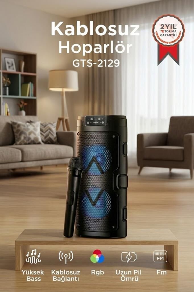 Bluetooth Hoparlör Mikrofonlu Rgb Işıklı Taşınabilir Parti Speaker GTS-2129 Siyah