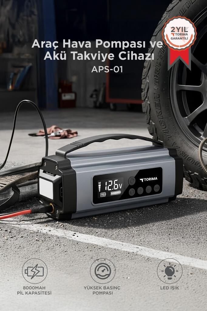 Araç Hava Kompresörü Akü Takviyeli Marş Özellikli Dijital Ekranlı Işıklı Taşınabilir Kompresör APS01