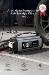 Araç Hava Kompresörü Akü Takviyeli Marş Özellikli Dijital Ekranlı Işıklı Taşınabilir Kompresör APS01