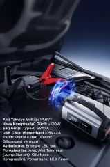 Araç Hava Kompresörü Akü Takviyeli Marş Özellikli Dijital Ekranlı Işıklı Taşınabilir Kompresör APS01