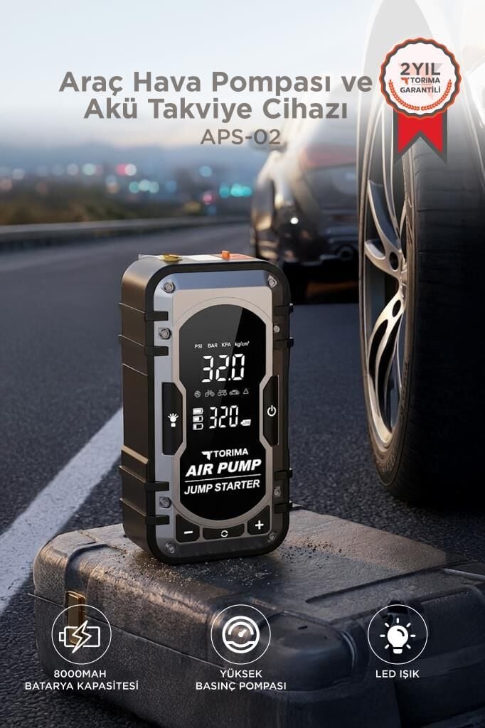 Araç Hava Kompresörü Akü Takviyeli Powerbank Dijital Ekranlı Işıklı Taşınabilir Kompresör APS02
