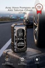 Araç Hava Kompresörü Akü Takviyeli Powerbank Dijital Ekranlı Işıklı Taşınabilir Kompresör APS02