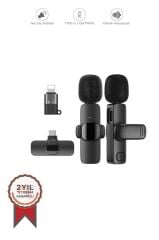 Yaka Mikrofonu Type-C Lightning Dönüştürücülü 2 Adet Kablosuz Mikrofon K9