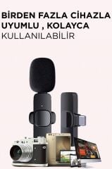 Yaka Mikrofonu Type-C Lightning Dönüştürücülü 2 Adet Kablosuz Mikrofon K9
