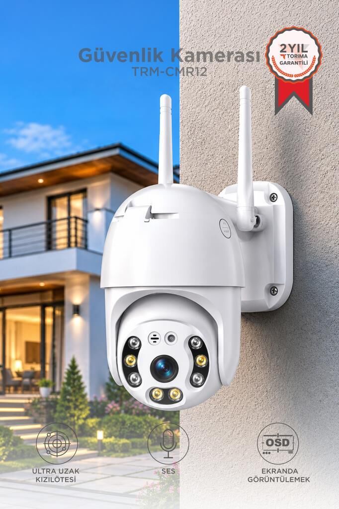 Güvenlik Kamerası 360 Derece Dönebilen Wifi Akıllı Ip Dış Mekan Kamerası CMR12 Beyaz