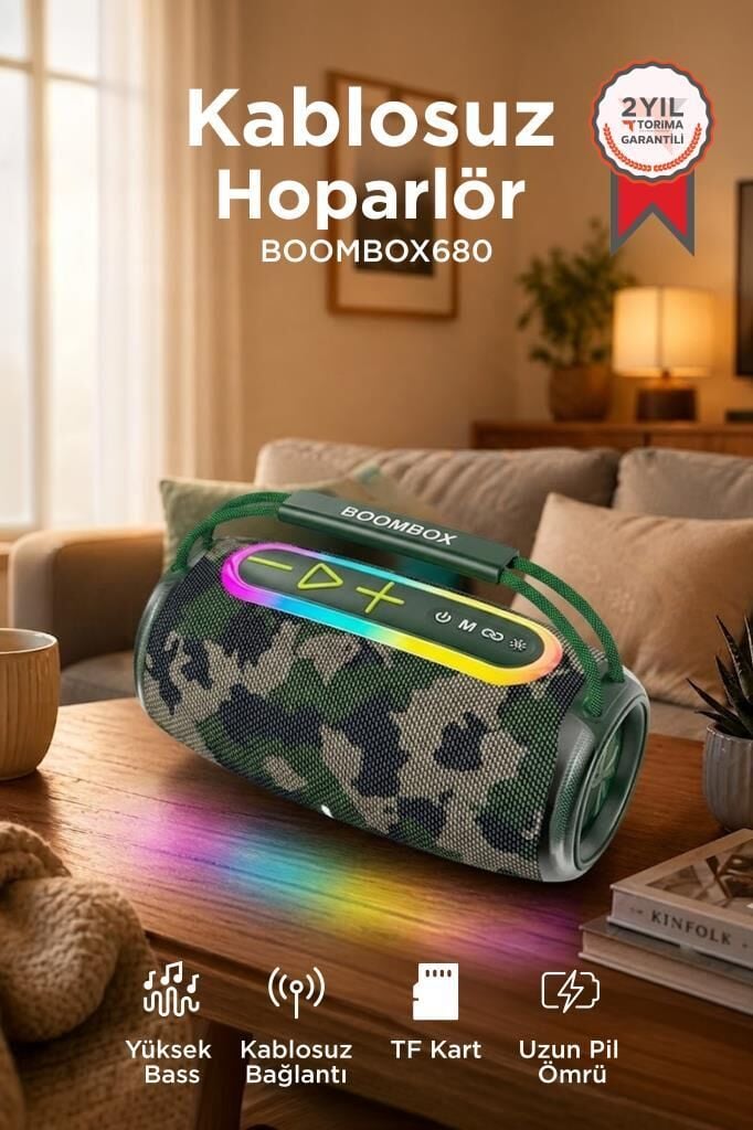 Bluetooth Hoparlör IPX6 Kablosuz 30W Speaker BOOMBOX680 Yeşil Kamuflaj