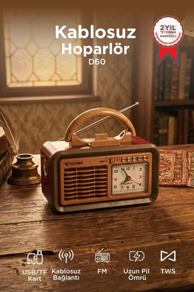 Bluetooth Hoparlör Nostaljik Radyo Kablosuz Speaker D60 Kırmızı