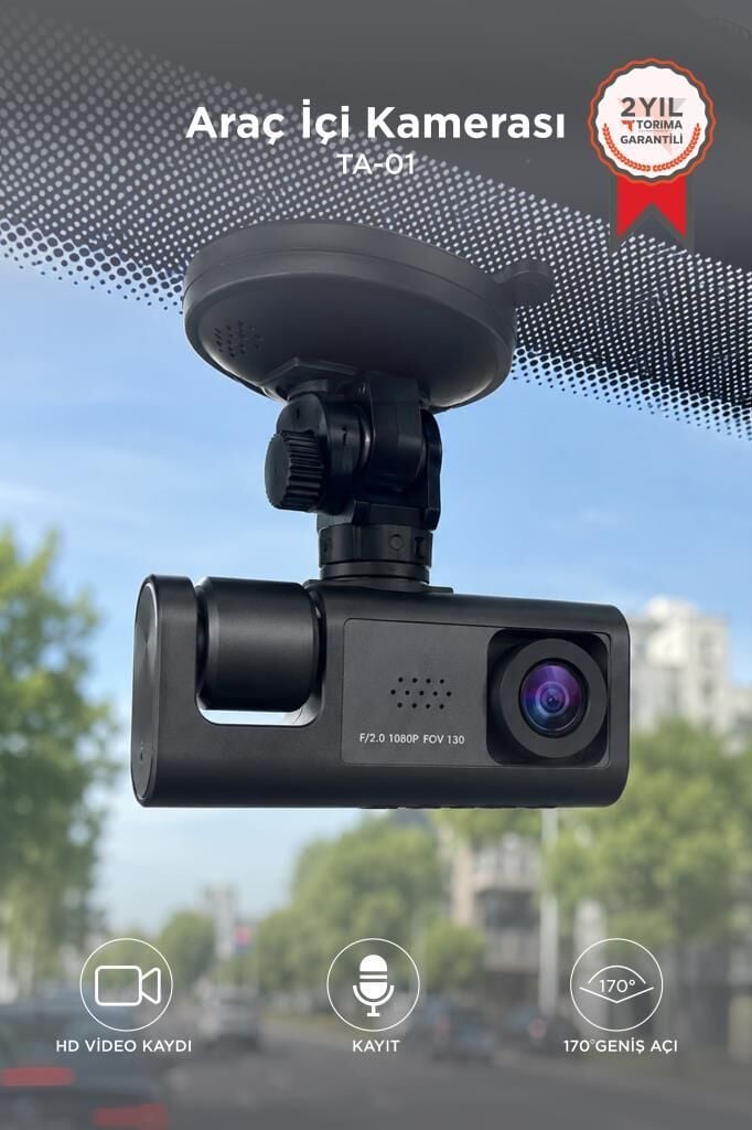 Araç İçi Kamera Gece Görüşlü LCD Ekranlı 1080P 3 Kameralı Araç Kamerası TA01 Siyah