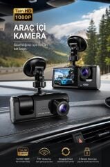 Araç İçi Kamera Gece Görüşlü LCD Ekranlı 1080P 3 Kameralı Araç Kamerası TA01 Siyah