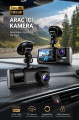 Araç İçi Kamera Gece Görüşlü LCD Ekranlı 1080P 3 Kameralı Araç Kamerası TA01 Siyah