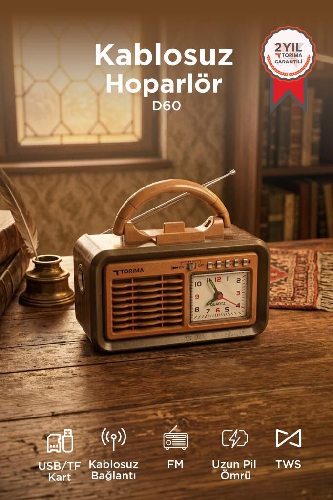 Bluetooth Hoparlör Nostaljik Radyo Kablosuz Speaker D60 Kahverengi