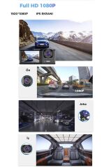 Araç İçi Kamera Gece Görüşlü LCD Ekranlı 1080P 3 Kameralı Araç Kamerası TA01 Siyah