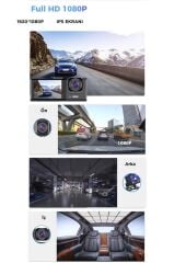 Araç İçi Kamera Gece Görüşlü LCD Ekranlı 1080P 3 Kameralı Araç Kamerası TA01 Siyah