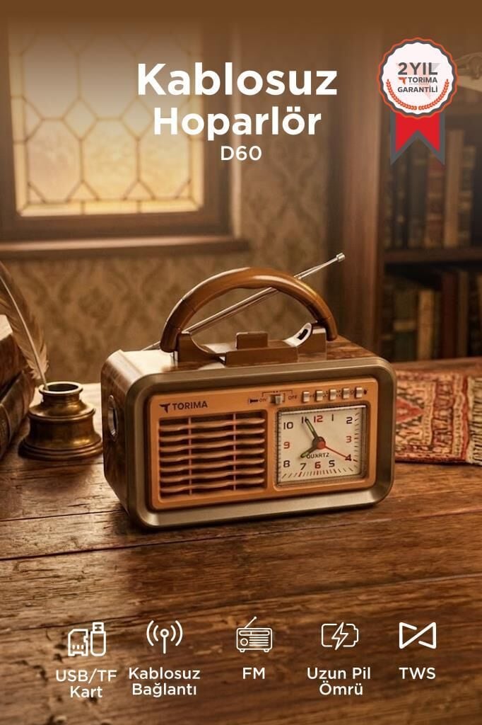 Bluetooth Hoparlör Nostaljik Radyo Kablosuz Speaker D60 Ahşap