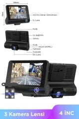 Araç İçi Kamera Gece Görüşlü 1080P G Sensörlü 3 Kameralı Geri Görüş Kamerası TA02 Siyah