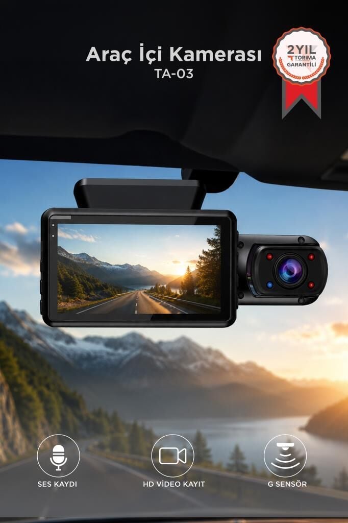 Araç İçi Kamera Gece Görüşlü LCD Ekranlı 1296P G Sensörlü Yol Kayıt 2 Kameralı TA03 Siyah