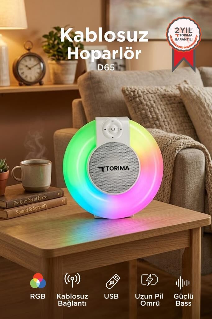 Bluetooth Hoparlör Rgb Işıklı Kablosuz Speaker D65 Beyaz