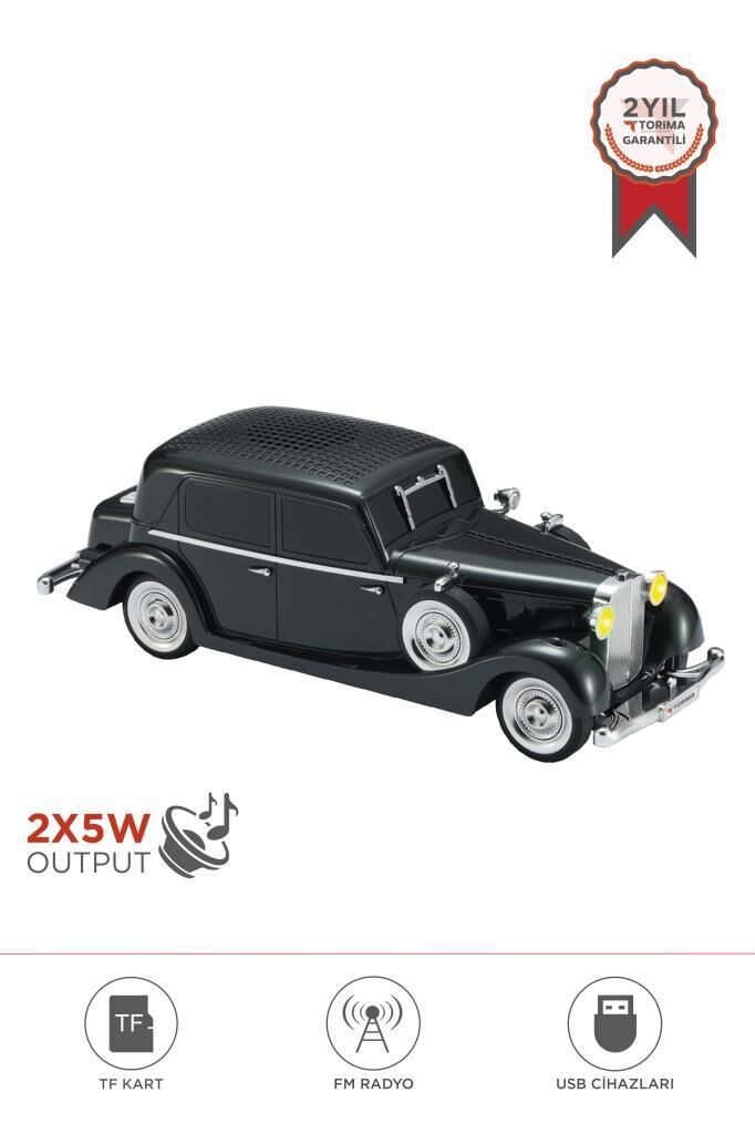Bluetooth Hoparlör Retro Araba Tasarımlı 2x5W FM USB TF Speaker D55 Siyah