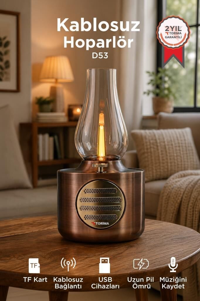 Torima Bluetooth Hoparlör Vintage Gaz Lambası Işıklı Şarjlı Speaker D53 Bakır