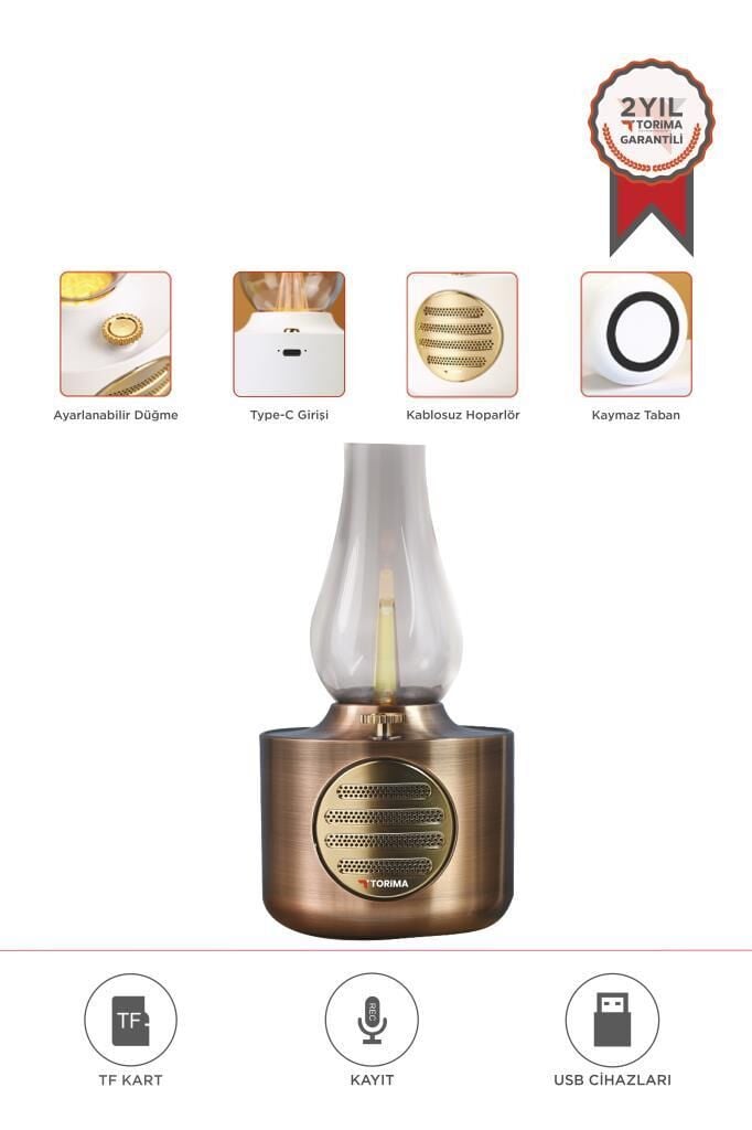 Torima D53 Bakır Vintage Gaz Lambası Taşınabilir Bluetooth Speaker Ayarlanabilir Işıklı USB Şarjlı
