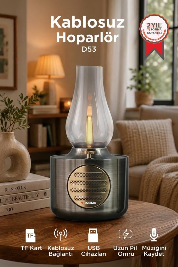 Bluetooth Hoparlör Vintage Gaz Lambası Işıklı Şarjlı Speaker D53 Nikel
