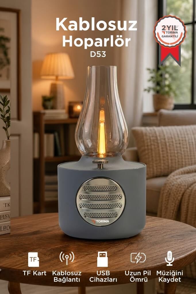 Bluetooth Hoparlör Vintage Gaz Lambası Işıklı Şarjlı Speaker D53 Gri
