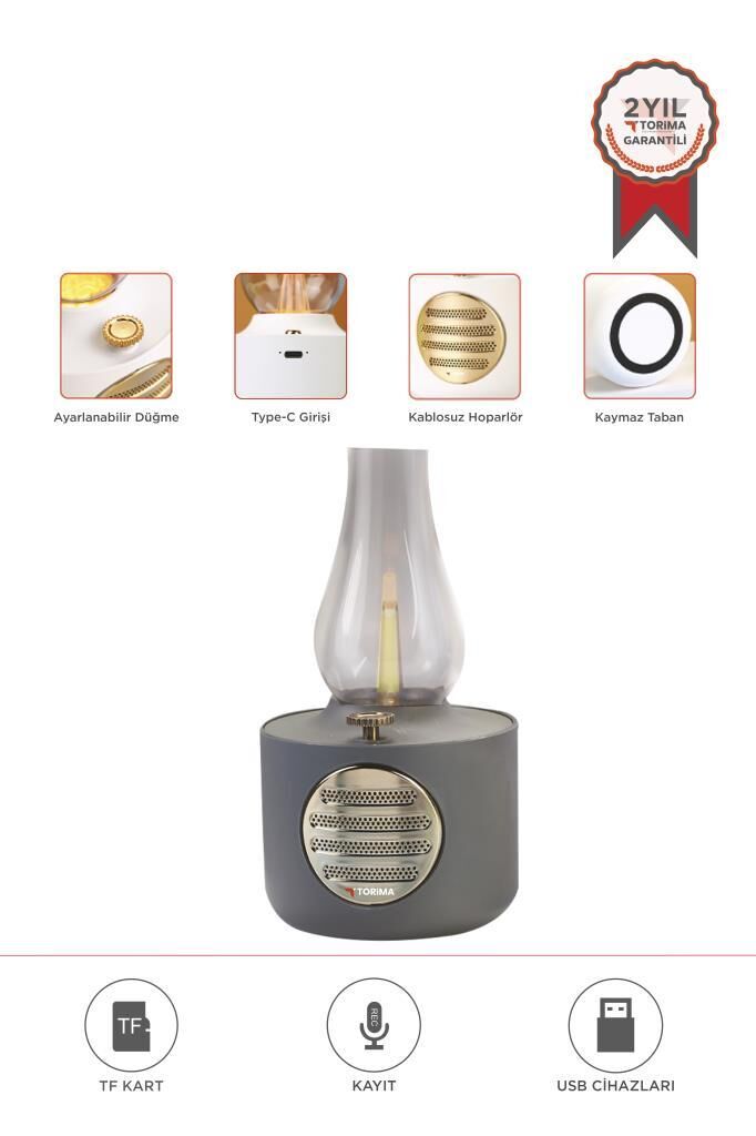 Bluetooth Hoparlör Vintage Gaz Lambası Işıklı Şarjlı Speaker D53 Gri