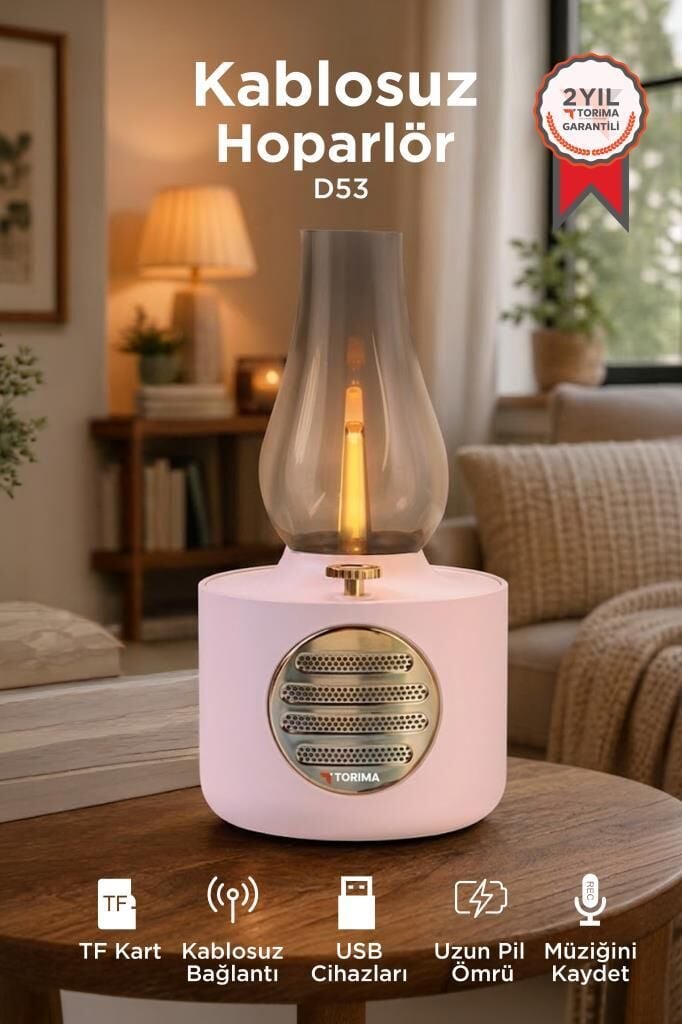 Bluetooth Hoparlör Vintage Gaz Lambası Işıklı Şarjlı Speaker D53 Pembe