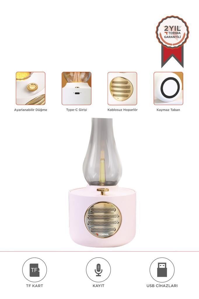 Bluetooth Hoparlör Vintage Gaz Lambası Işıklı Şarjlı Speaker D53 Pembe