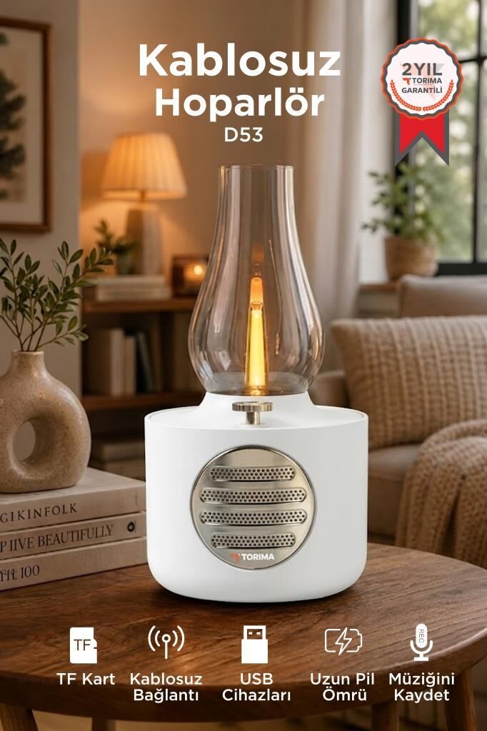 Bluetooth Hoparlör Vintage Gaz Lambası Işıklı Şarjlı Speaker D53 Beyaz
