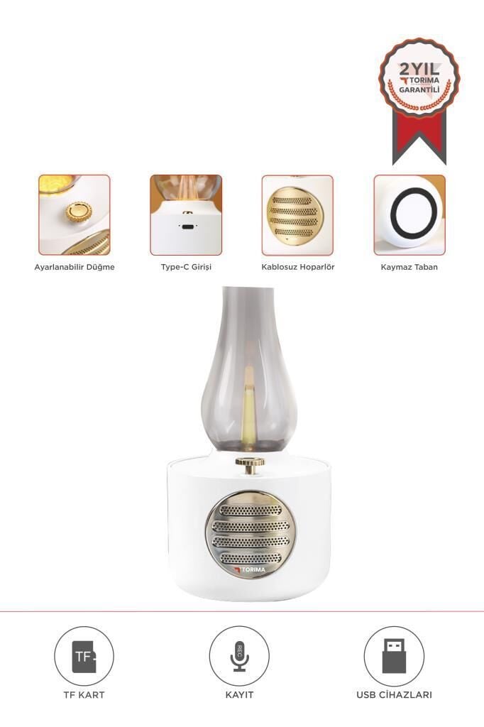 Torima D53 Beyaz Vintage Gaz Lambası Taşınabilir Bluetooth Speaker Ayarlanabilir Işıklı USB Şarjlı