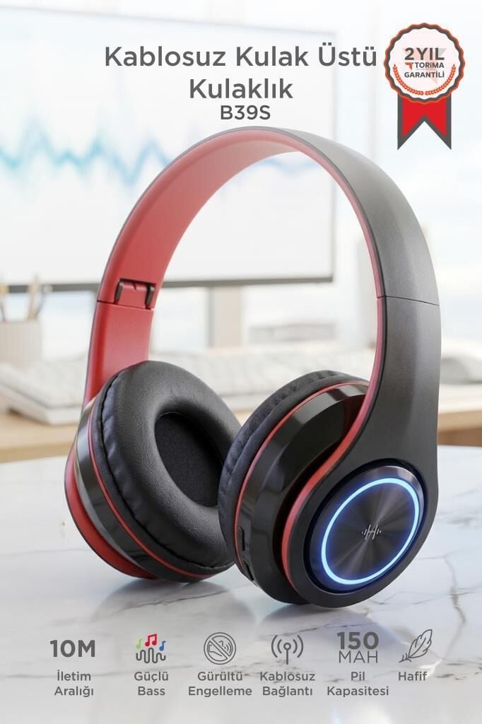 Bluetooth Kulaklık Rgb Işıklı Kulak Üstü Kablolu Kablosuz Kulaklık B39S Kırmızı Siyah
