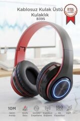 Bluetooth Kulaklık Rgb Işıklı Kulak Üstü Kablolu Kablosuz Kulaklık B39S Kırmızı Siyah