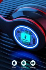 Bluetooth Kulaklık Rgb Işıklı Kulak Üstü Kablolu Kablosuz Kulaklık B39S Kırmızı Siyah
