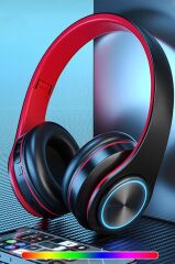 Bluetooth Kulaklık Rgb Işıklı Kulak Üstü Kablolu Kablosuz Kulaklık B39S Kırmızı Siyah