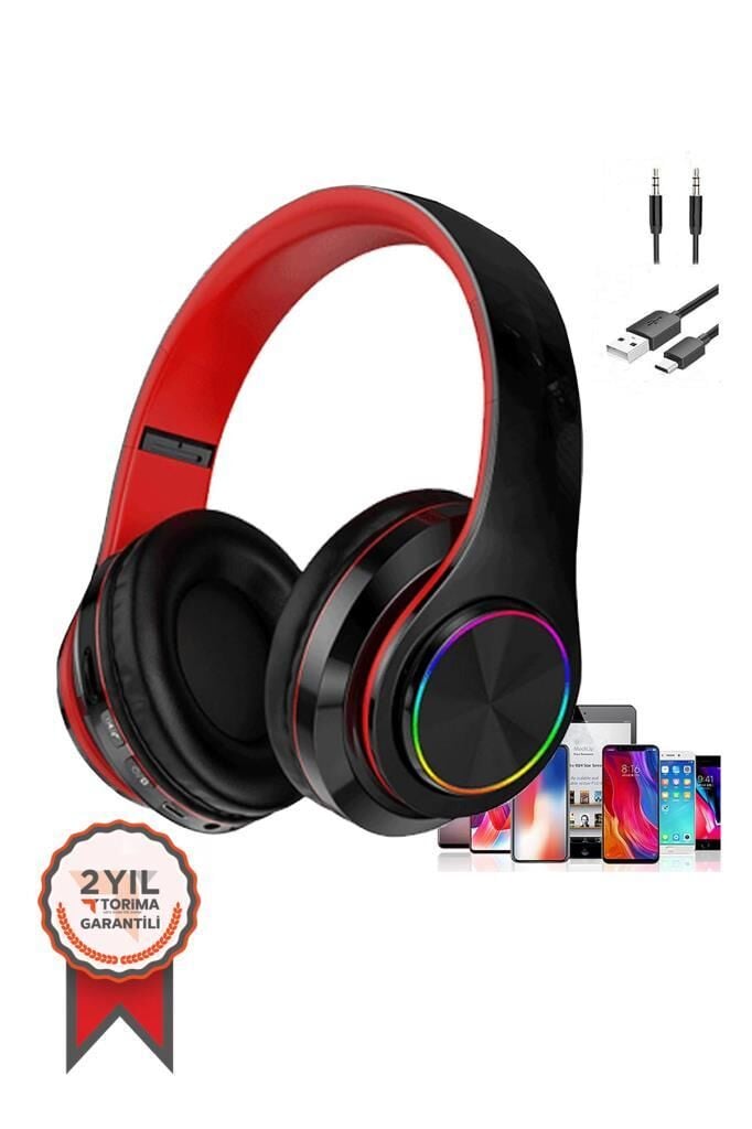 Bluetooth Kulaklık Rgb Işıklı Kulak Üstü Kablolu Kablosuz Kulaklık B39S Kırmızı Siyah