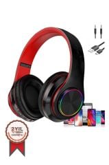 Bluetooth Kulaklık Rgb Işıklı Kulak Üstü Kablolu Kablosuz Kulaklık B39S Kırmızı Siyah