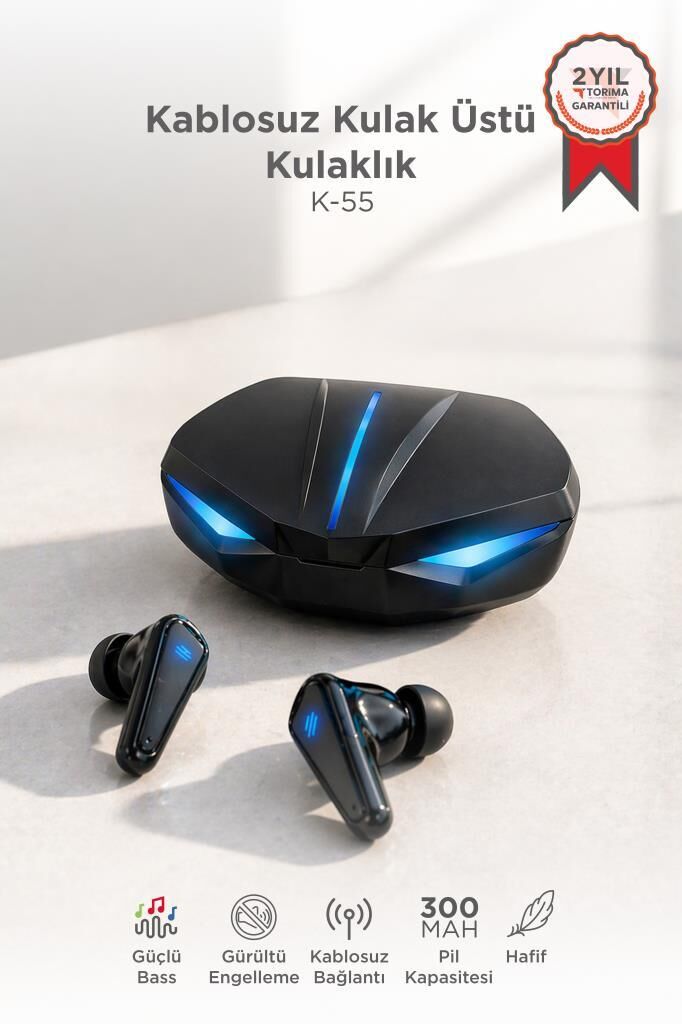 Bluetooth Kulaklık Led Işıklı Oyuncu Kulaklığı K55 Siyah