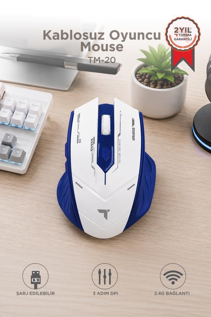 Mouse Çift Modlu Sessiz Kablosuz Oyuncu Fare TM20 Beyaz Mavi
