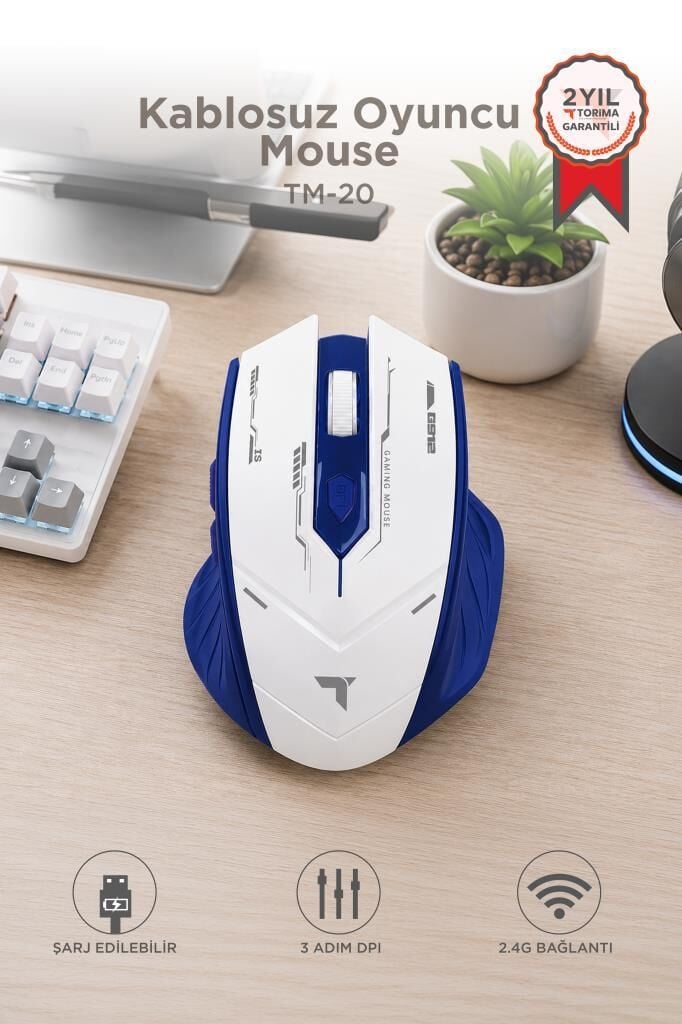 Mouse Çift Modlu Sessiz Kablosuz Oyuncu Fare TM20 Beyaz Mavi