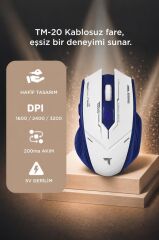 Mouse Çift Modlu Sessiz Kablosuz Oyuncu Fare TM20 Beyaz Mavi